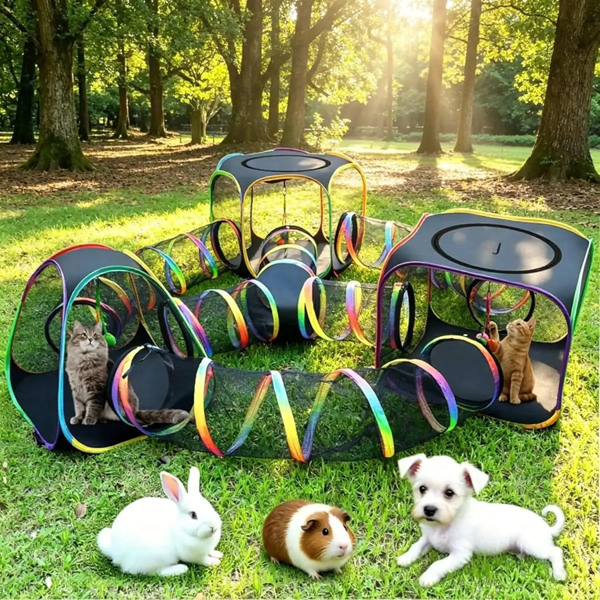 5-in-1 Outdoor Cat Enclosure with Tunnels, Portable Pop-Up Catio Playpen by Wags & Whiskers Pet Supply