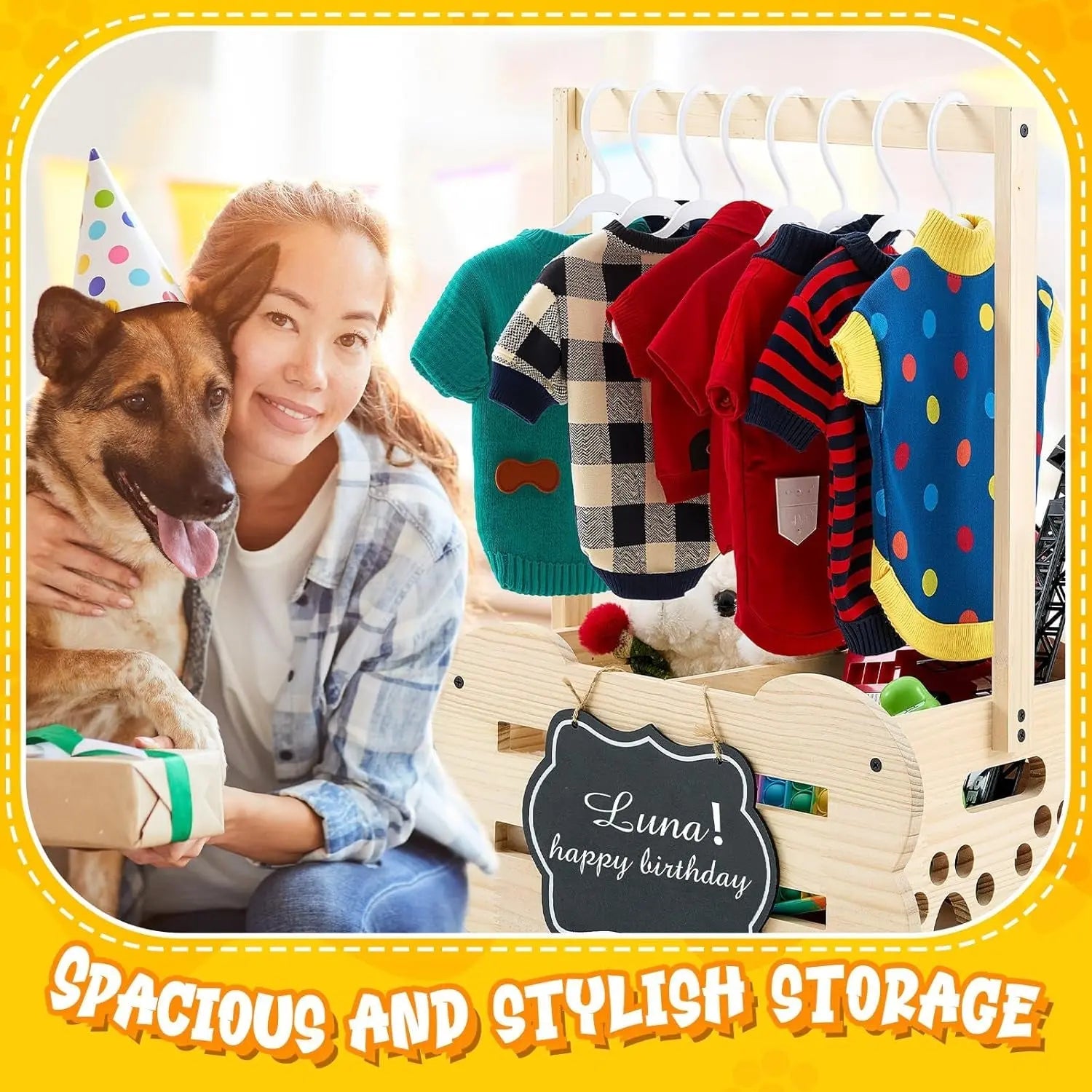 Dog Storage Organizer Wooden Closet Toy Clothes Rack Hangers 20in Wags & Whiskers Pet Supply